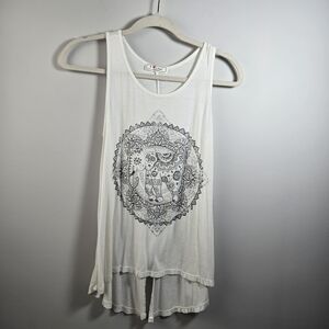 White Sleeveless Asymmetrical Graphic Tank Top